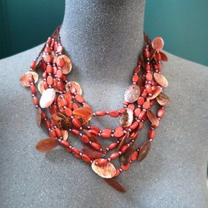 Beautiful Wooden Bead and Seashell, Multi-strand Boho Statement Necklace